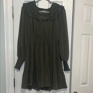 Dark Green (Olive) Ruffled Long Sleeve Dress